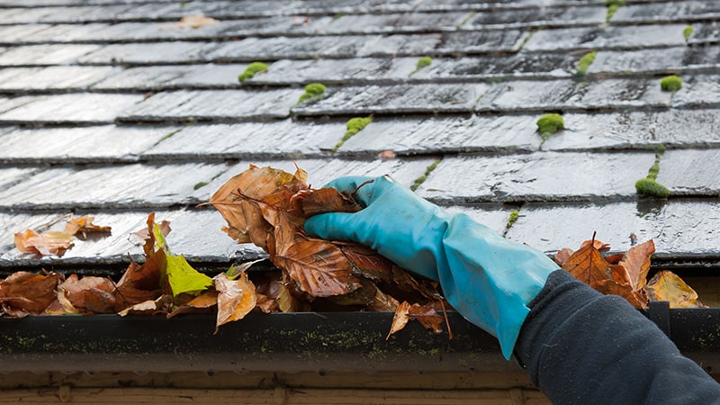 Man shown cleaning gutters on his home