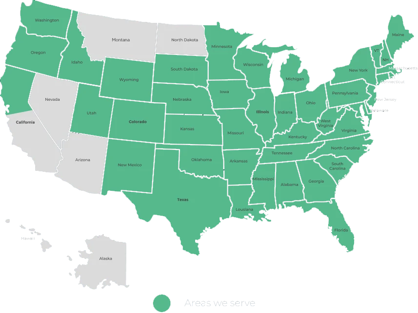 Map of United States showing states that are serviced by Leafguard