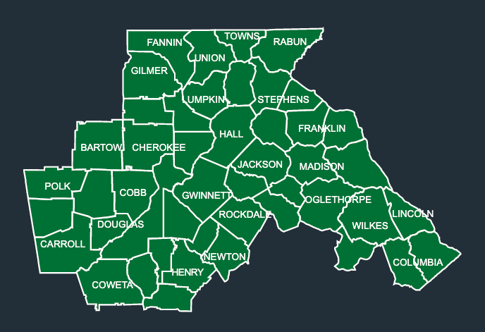 Map of LeafGuard gutters in North Georgia